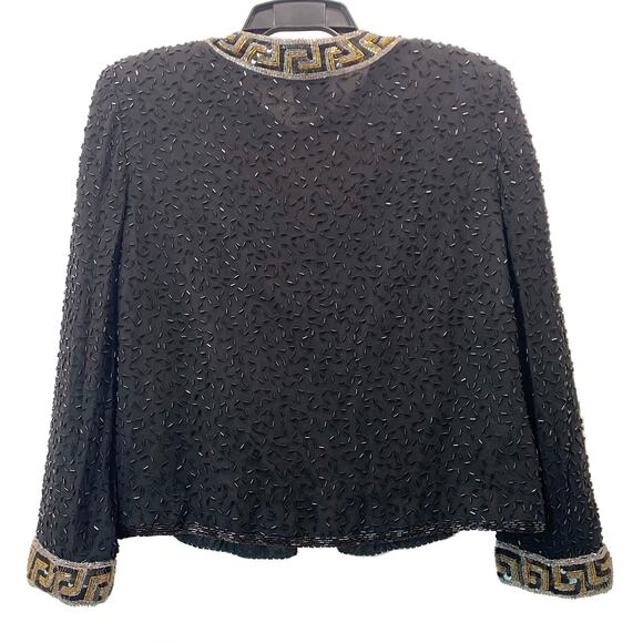90s Y2K Black Heavily Beaded Silk Jacket Gold Silver Greek Key - Picture 8 of 10